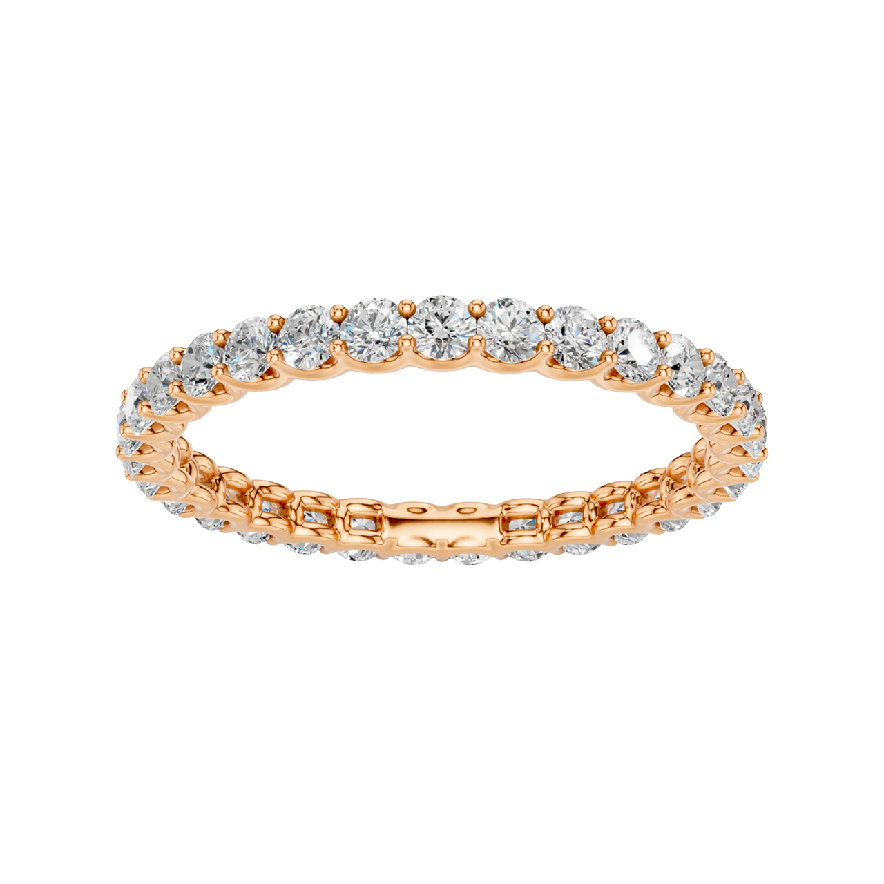 Amorati Diamonds, Infinity Loop Full Eternity Ring, a top-down view of a 10K rose gold eternity band with a continuous line of brilliant round jewels.