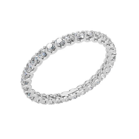 Amorati Diamonds, Infinity Loop Full Eternity Ring, an angled view of a 10K white gold eternity band, showcasing the brilliant row of round jewels.