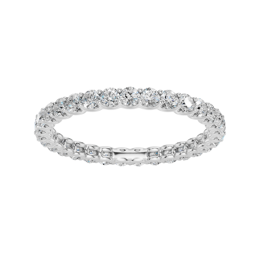 Amorati Diamonds, Infinity Loop Full Eternity Ring, a top-down view of a 10K white gold eternity band with a continuous line of brilliant round jewels.