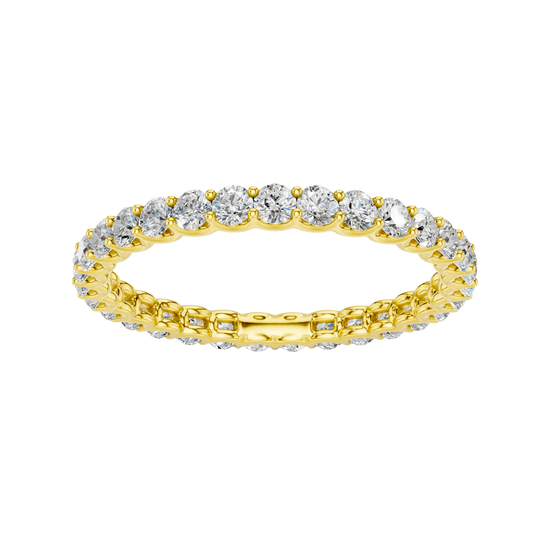 Amorati Diamonds, Infinity Loop Full Eternity Ring, a top-down view of a 10K yellow gold eternity band with a continuous line of brilliant round jewels.