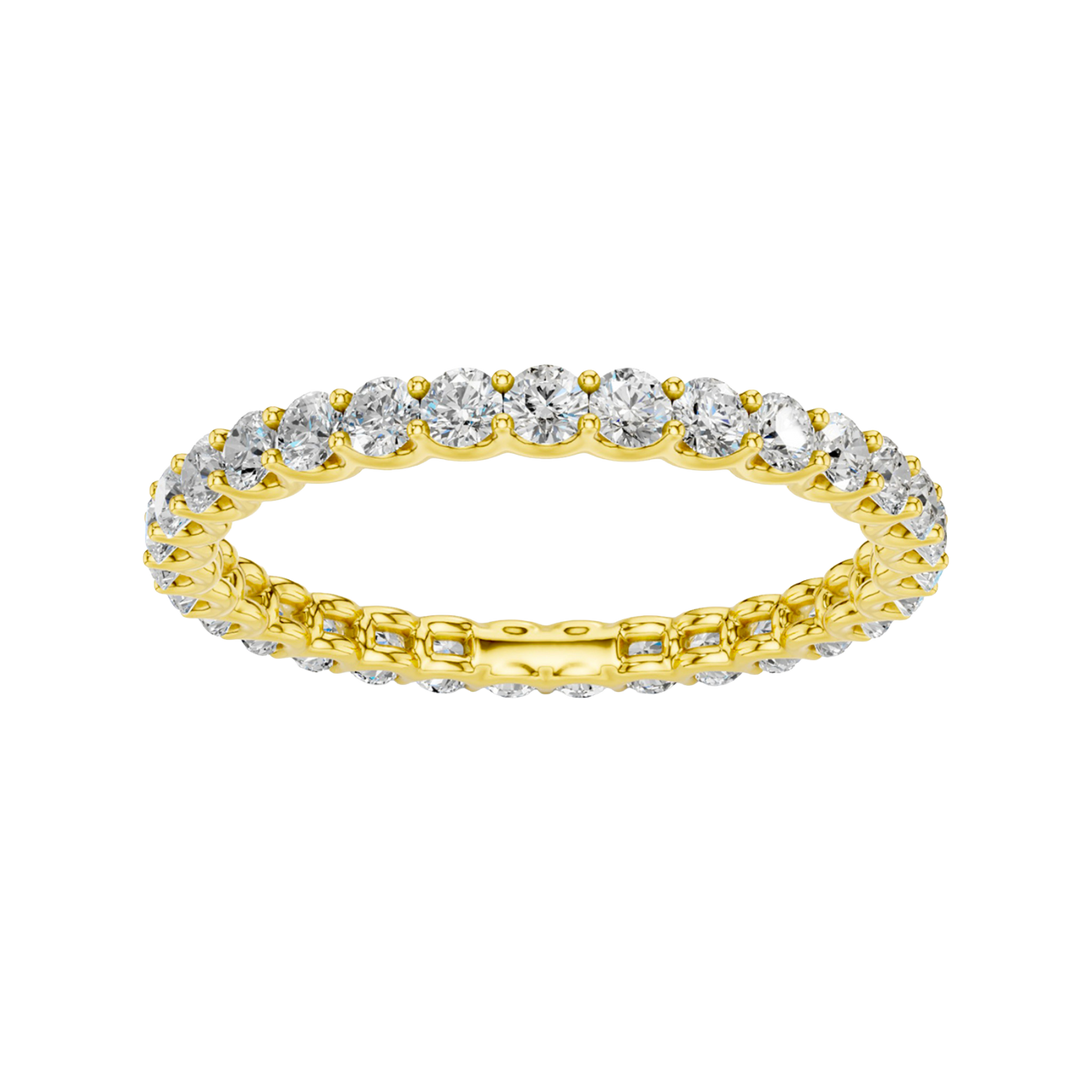 Amorati Diamonds, Infinity Loop Full Eternity Ring, a top-down view of a 10K yellow gold eternity band with a continuous line of brilliant round jewels.