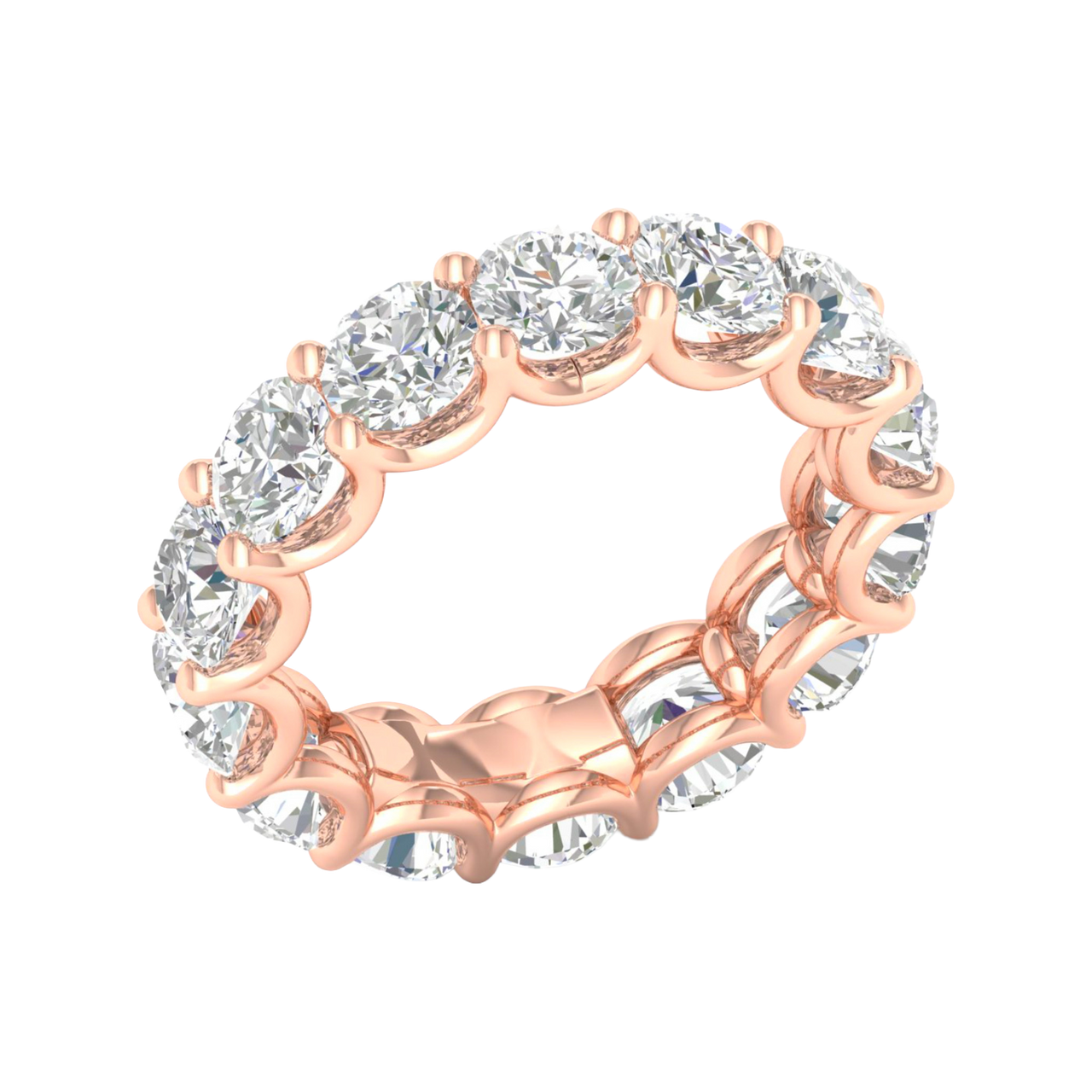 An angled view of a 14K rose gold ring, showcasing the seamless brilliance of the bezel-set jewels.