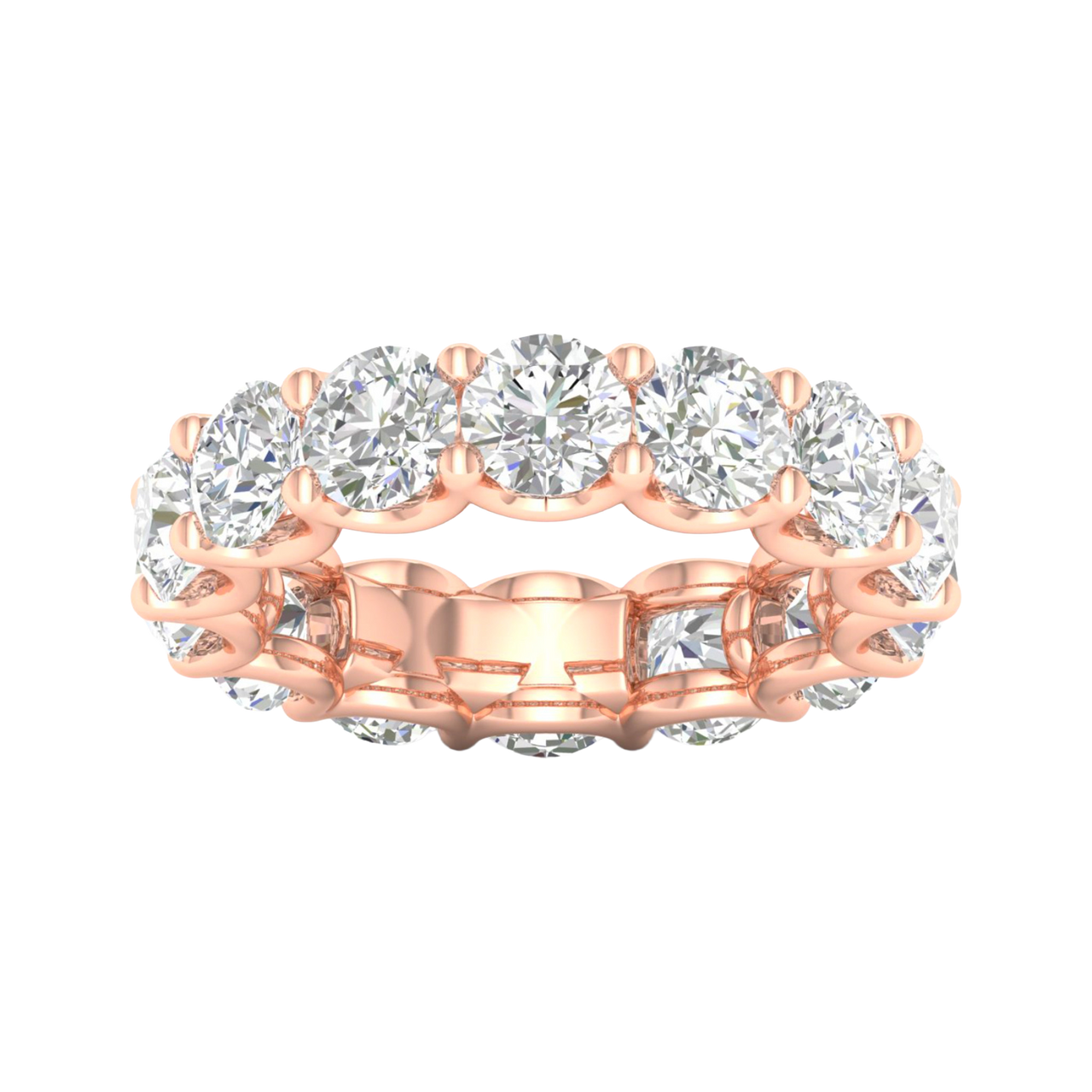 A top-down view of a 14K rose gold wide band ring with a continuous row of large, bezel-set round jewels.