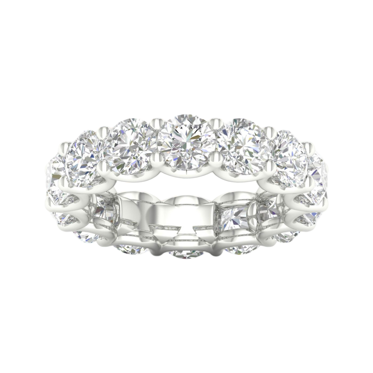 A top-down view of a 14K white gold wide band ring with a continuous row of large, bezel-set round jewels.