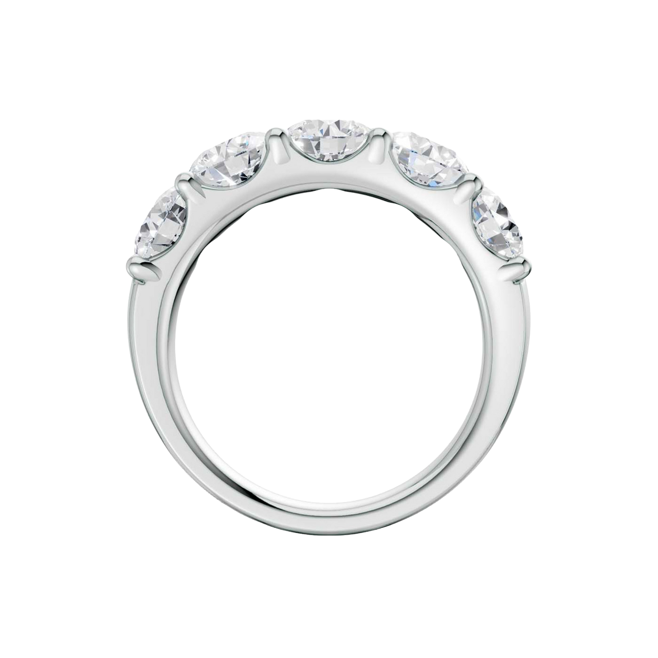 Close-up angled view of the 3.00 cttw Bold Luxe Five-Stone Diamond Band in Solid 14K White Gold, showcasing the high-wattage scintillation of the E-F VS+ stones and the smooth "1/2 Eternity" transition, perfect for stacking. Complete with Insured Free Shipping.