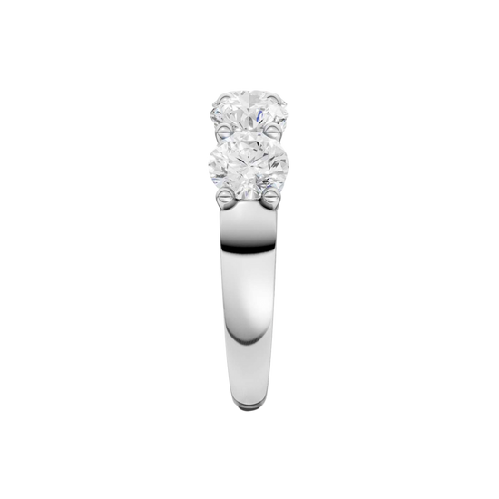 Precision side view of the 3.00 cttw Five-Stone Band in Solid 14K White Gold, highlighting the elevated setting architecture designed for maximum light return to the E-F VS+ diamonds and comfort-fit shank. Secured with Insured Free Shipping.