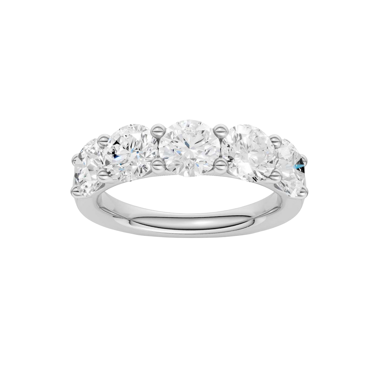 Top view of the 3.00 cttw Luxe Five-Stone Ring in Solid 14K White Gold, demonstrating the "Wall of Light" visual span with five 0.60ct average round brilliant E-F Color VS+ Clarity lab diamonds. Hand-matched "Twins" with Insured Free Shipping guarantee.
