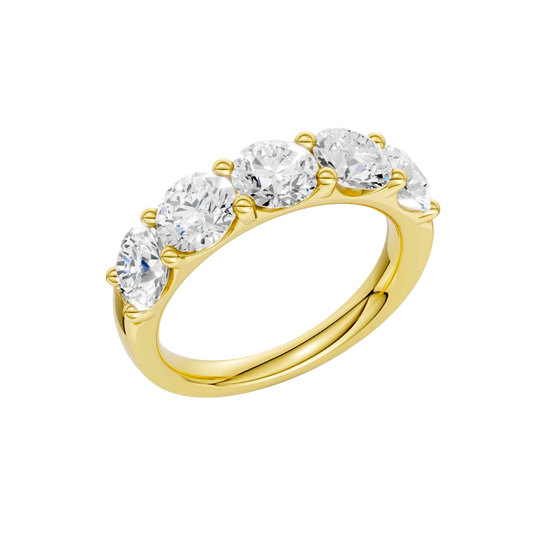 Macro view of five hand-matched E-F Color VS+ round brilliant diamonds in a Solid 14K Gold 3.00 cttw band, showcasing Amorati's "No-Gap" light return and Insured Free Shipping.