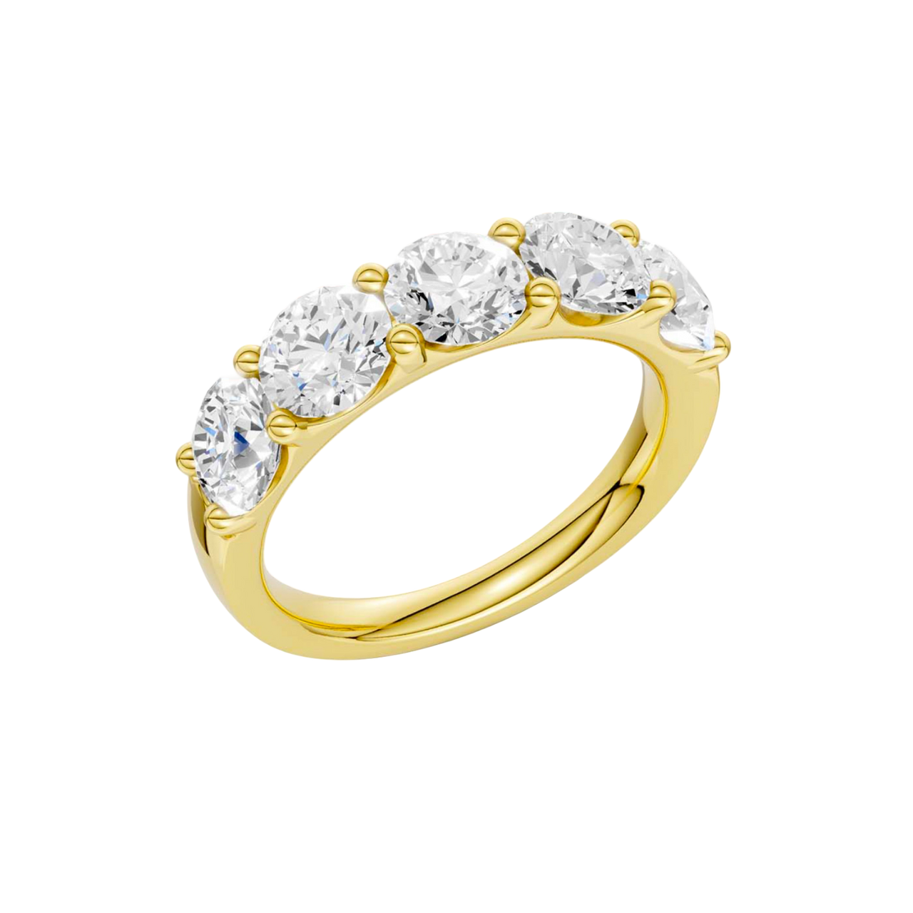 Macro view of five hand-matched E-F Color VS+ round brilliant diamonds in a Solid 14K Gold 3.00 cttw band, showcasing Amorati's "No-Gap" light return and Insured Free Shipping.