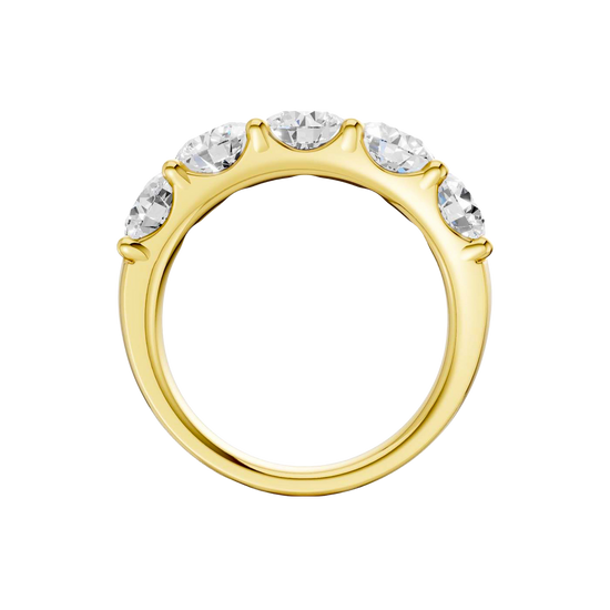 Architectural side view of the 3.00 cttw Five-Stone Trilogy-style Band in Solid 14K Gold, showing the high-prong setting and substantial 4.2g gold weight with Insured Free Shipping.