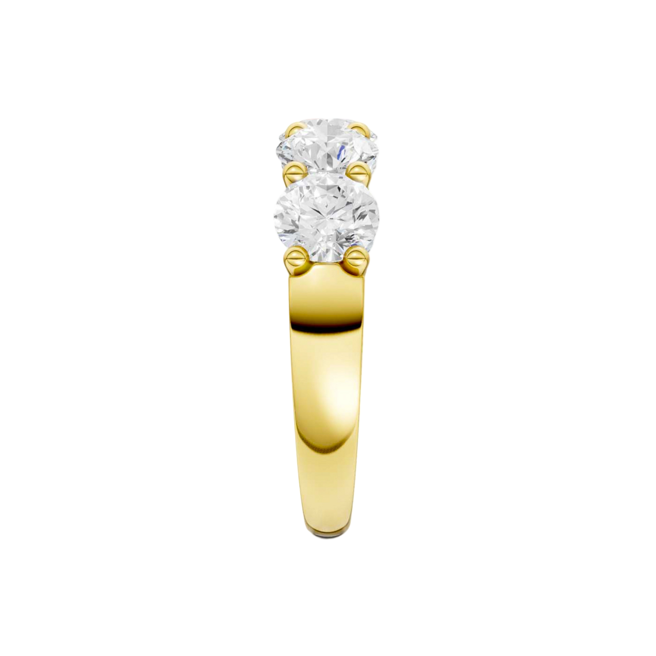 Architectural side profile of the Amorati 3.00 cttw Bold Luxe Five-Stone Band in high-polish Solid 14K Yellow Gold, showcasing the substantial 4.2g gold basket and the distinct individual prongs holding the E-F VS+ lab-grown diamonds. Includes Insured Free Shipping.