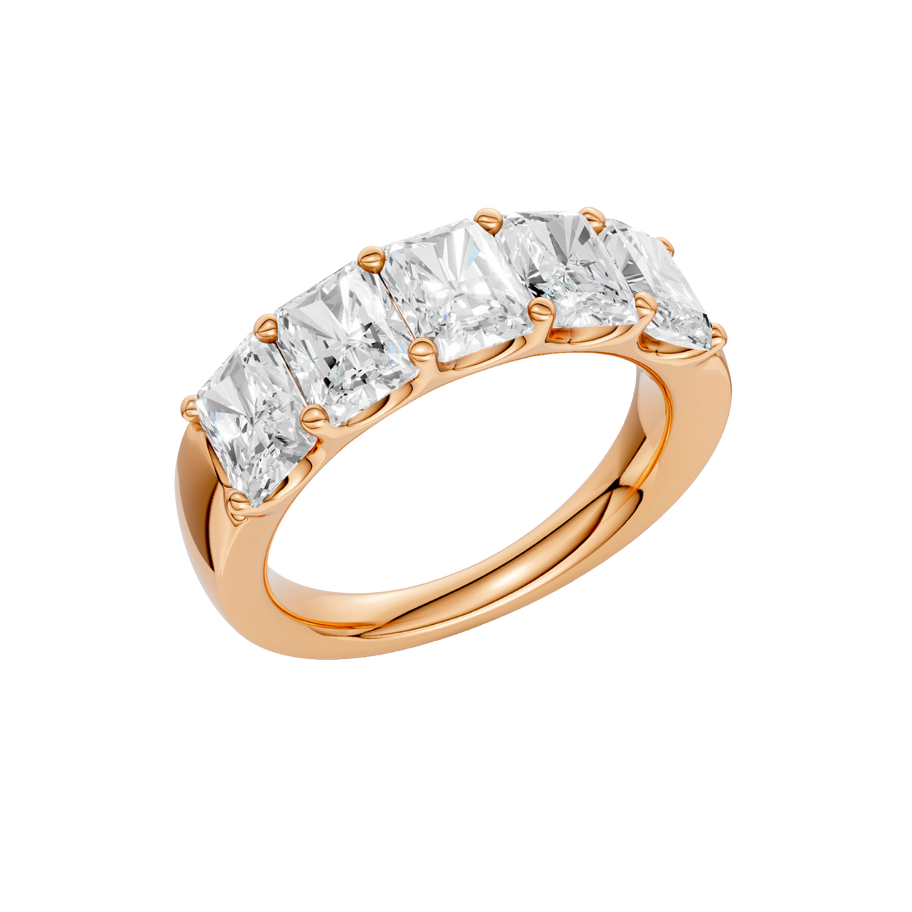 An angled view of a 14K rose gold wide band ring, showcasing the clean, bold lines of the tapered diamonds.