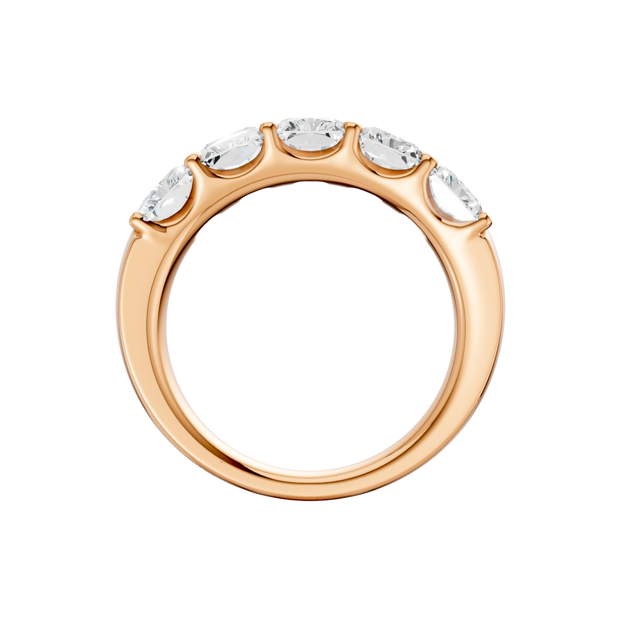 A side-profile view of a 14K rose gold wide band ring, showing the tapered design and the five diamonds.