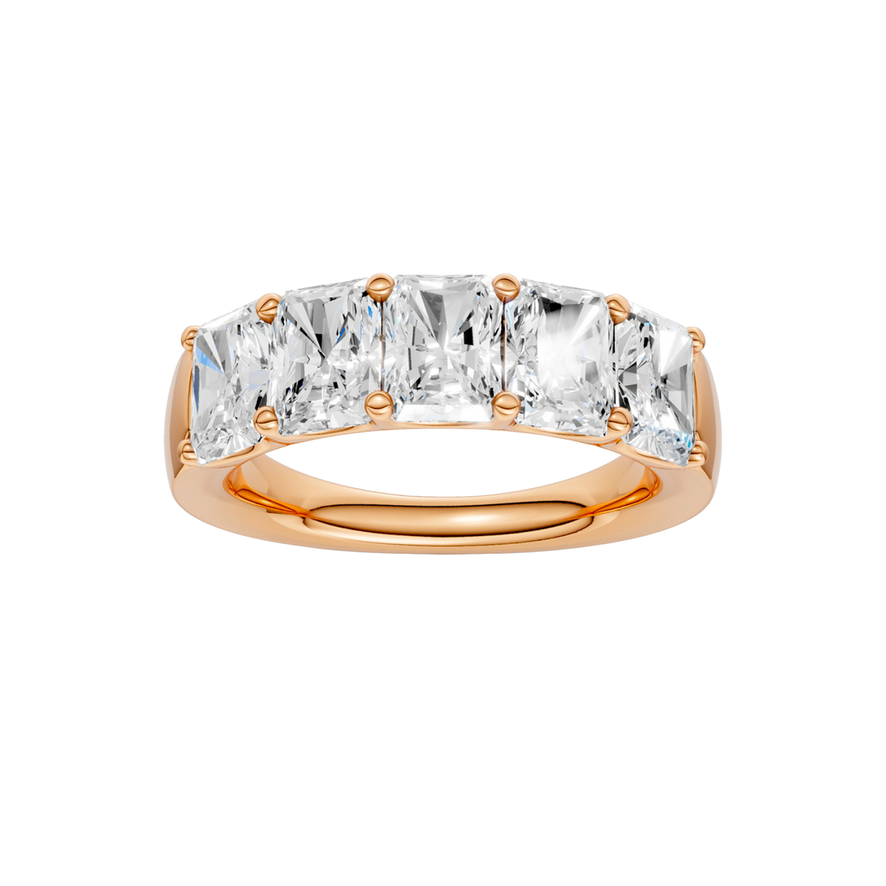 A top-down view of a 14K rose gold wide band ring with five horizontally-set emerald-cut diamonds, with the center one being larger.