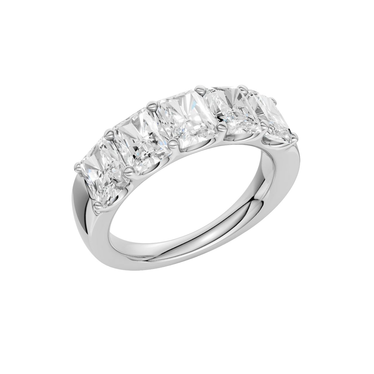 An angled view of a 14K white gold wide band ring, showcasing the clean, bold lines of the tapered diamonds.
