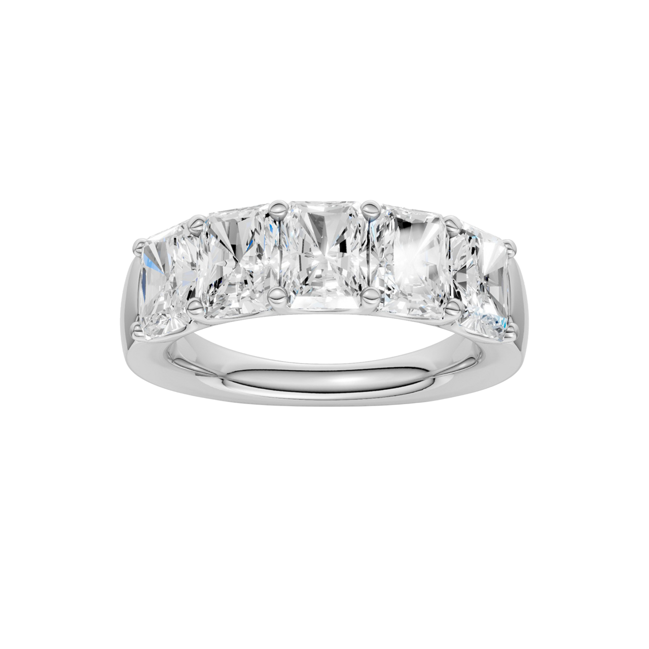 A top-down view of a 14K white gold wide band ring with five horizontally-set emerald-cut diamonds, with the center one being larger.