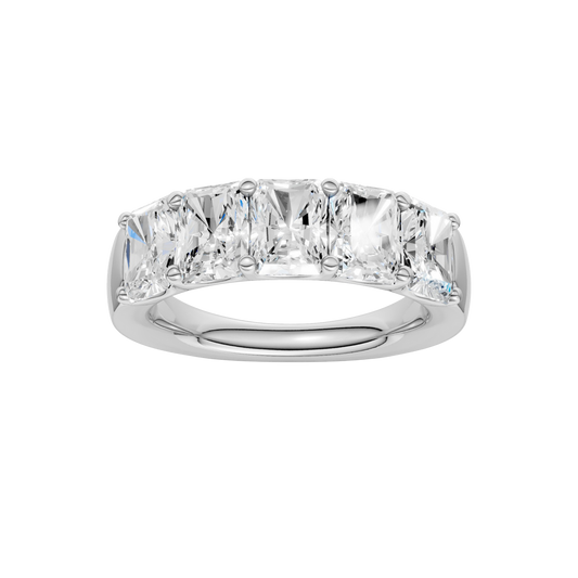 A top-down view of a 14K white gold wide band ring with five horizontally-set emerald-cut diamonds, with the center one being larger.