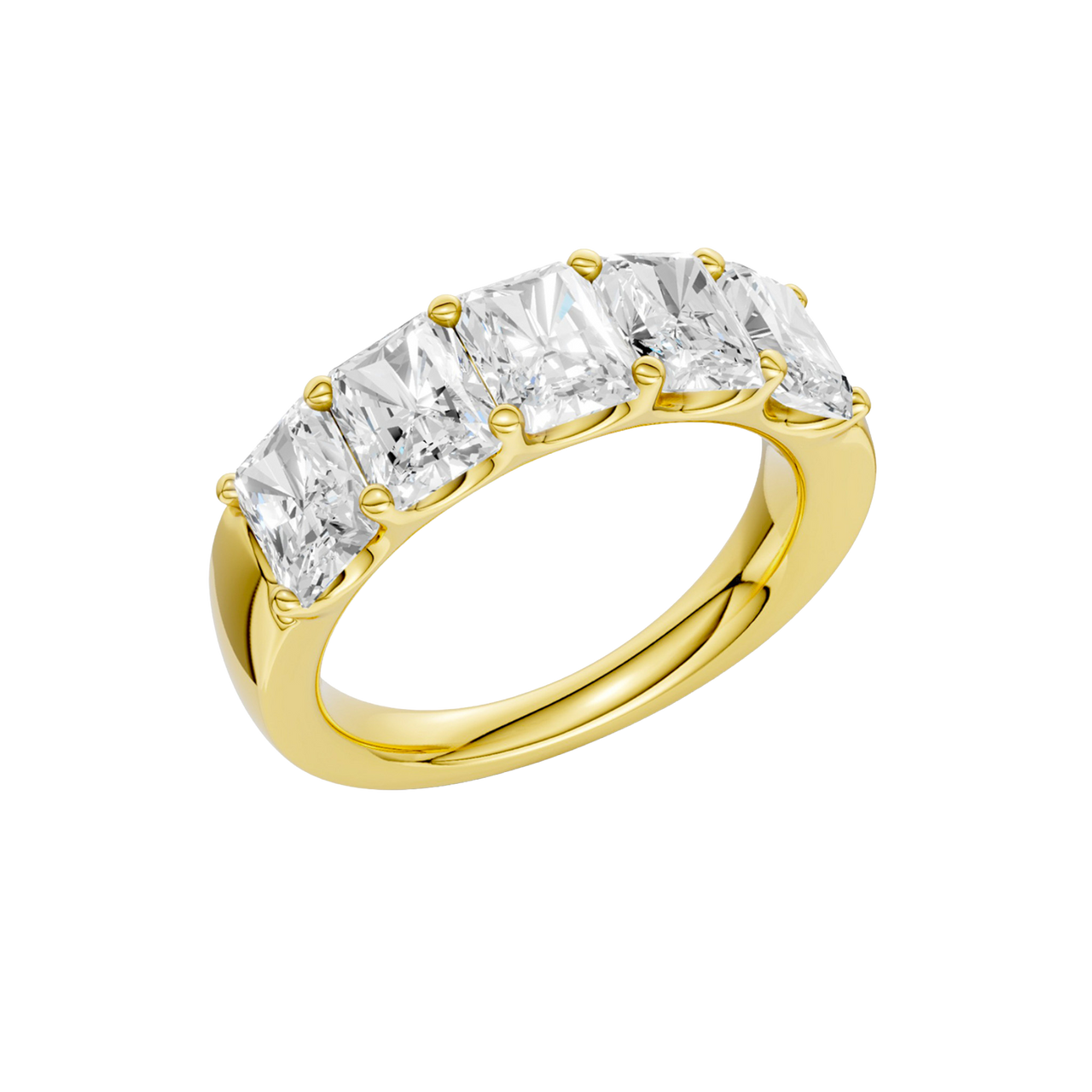 An angled view of a 14K yellow gold wide band ring, showcasing the clean, bold lines of the tapered diamonds.