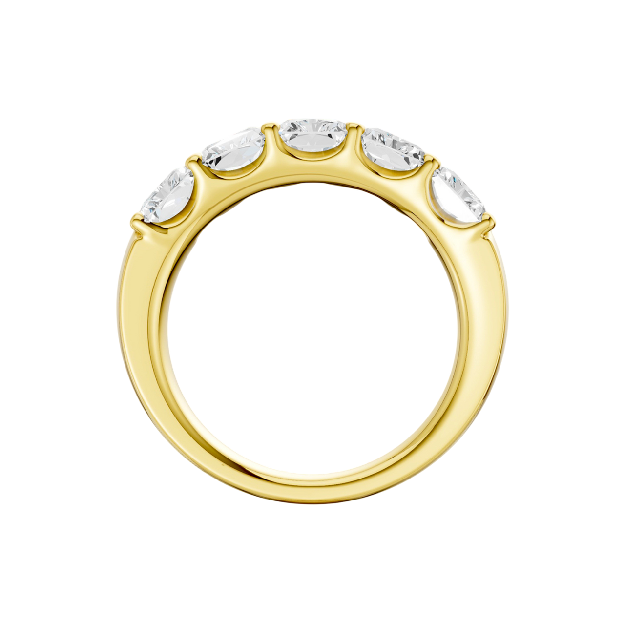 A side-profile view of a 14K yellow gold wide band ring, showing the tapered design and the five diamonds.