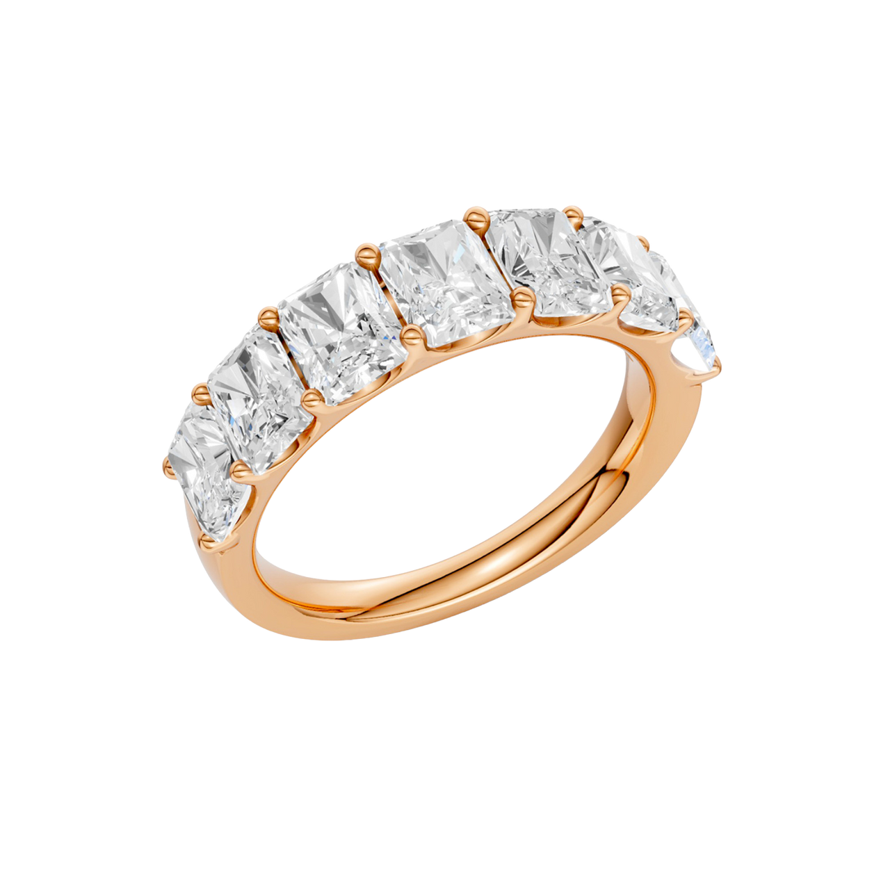 An angled view of a 14K rose gold wide band ring, showcasing the clean, bold lines of the emerald-cut diamonds.