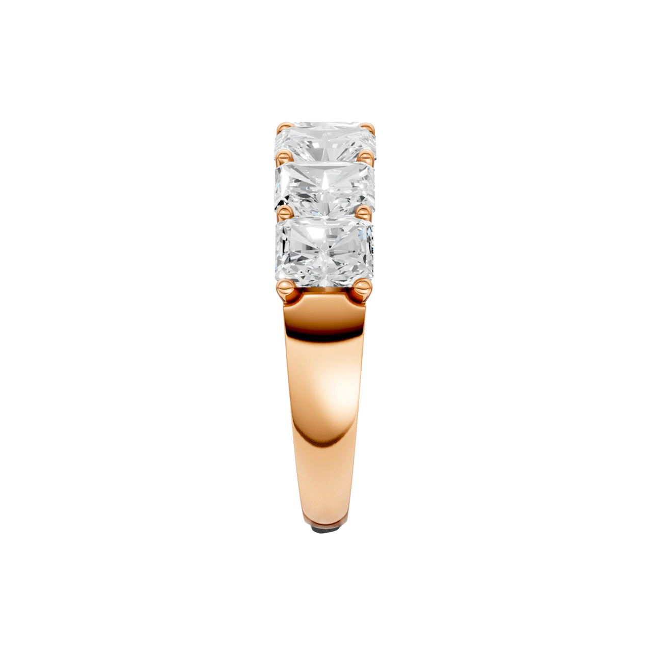 A side-profile view of a 14K rose gold wide band ring, showing the secure setting and the five diamonds.