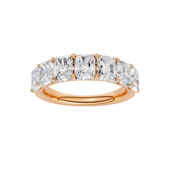 A top-down view of a 14K rose gold wide band ring with five horizontally-set emerald-cut diamonds.