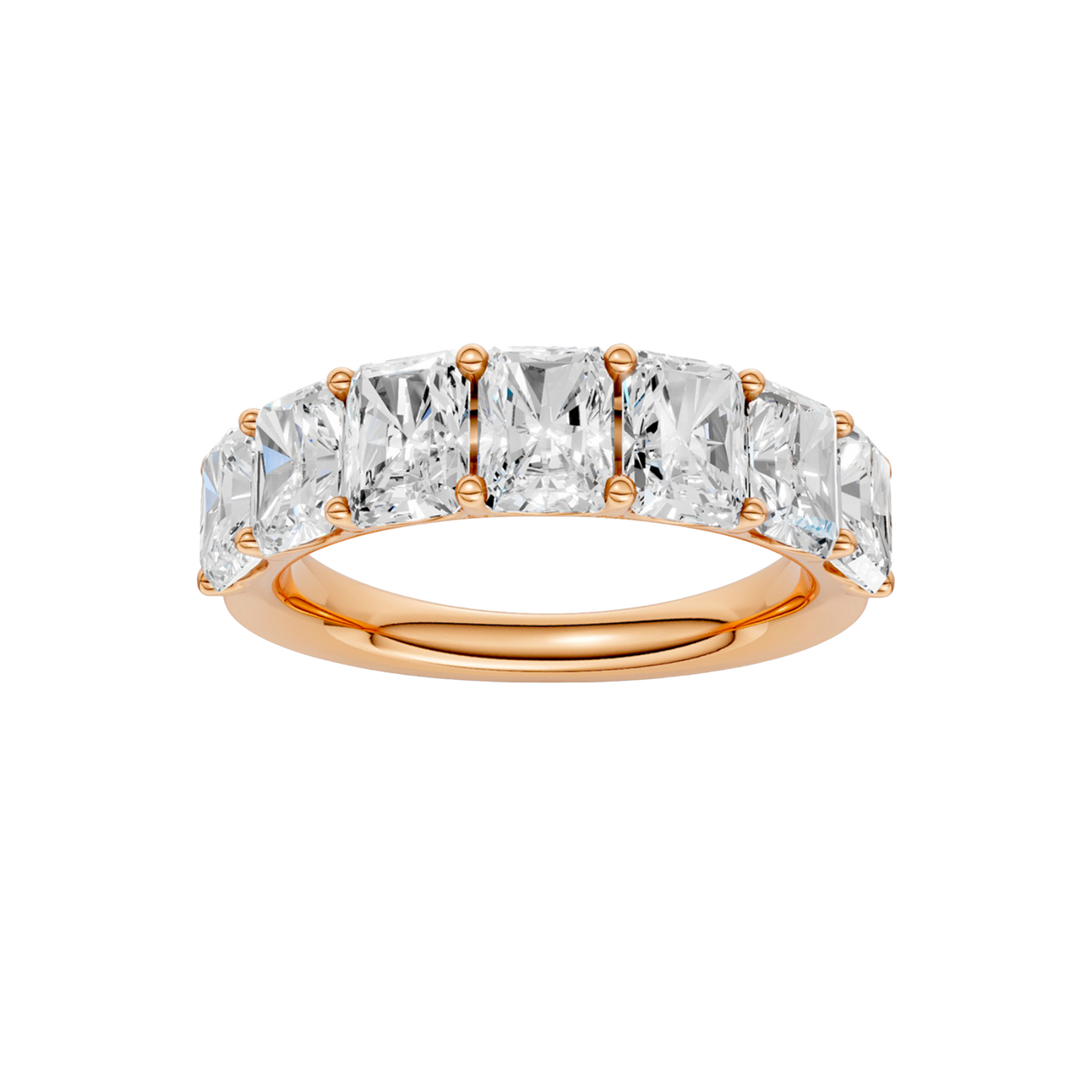 A top-down view of a 14K rose gold wide band ring with five horizontally-set emerald-cut diamonds.