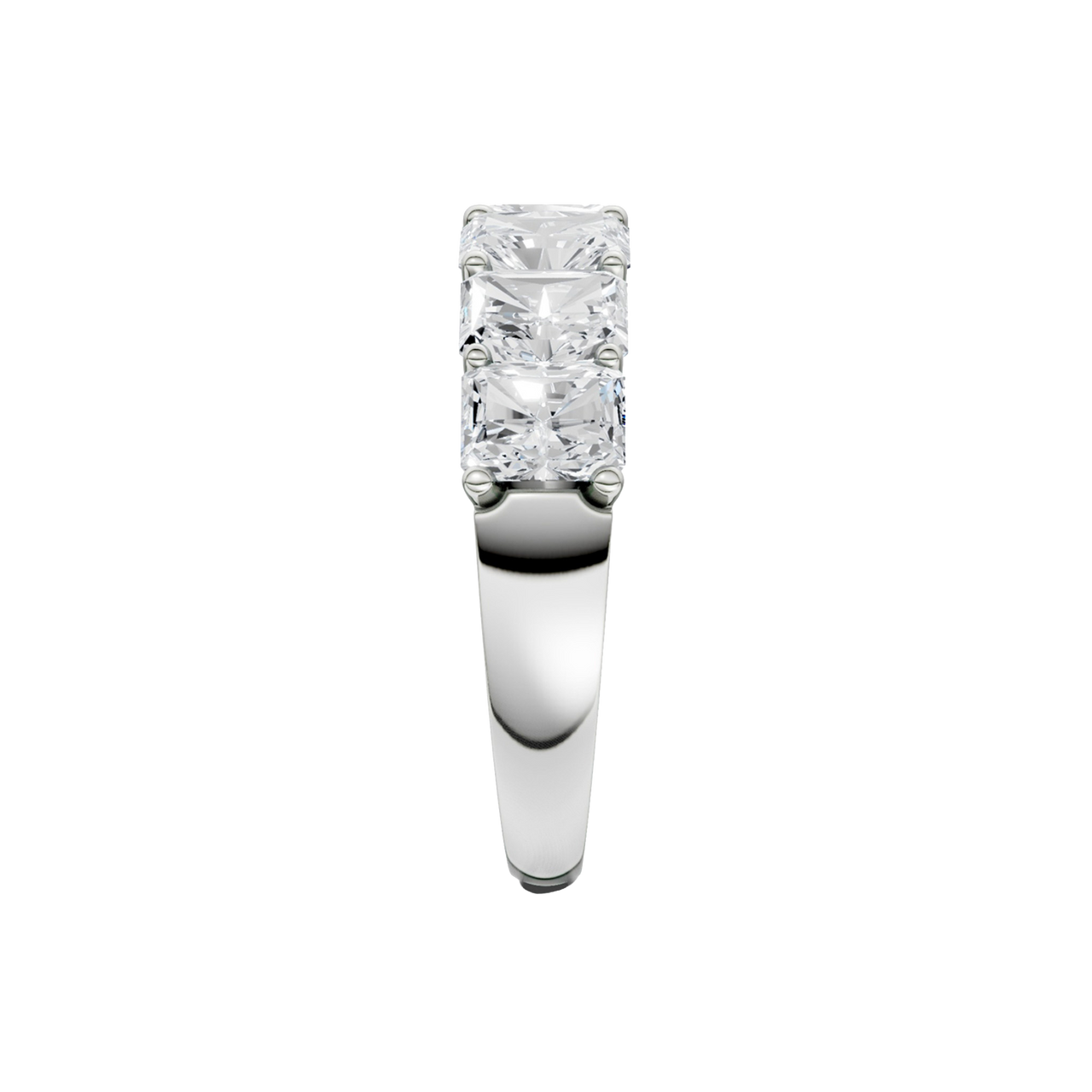 A side-profile view of a 14K white gold wide band ring, showing the secure setting and the five diamonds.