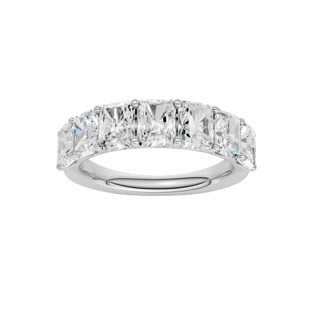 A top-down view of a 14K white gold wide band ring with five horizontally-set emerald-cut diamonds.
