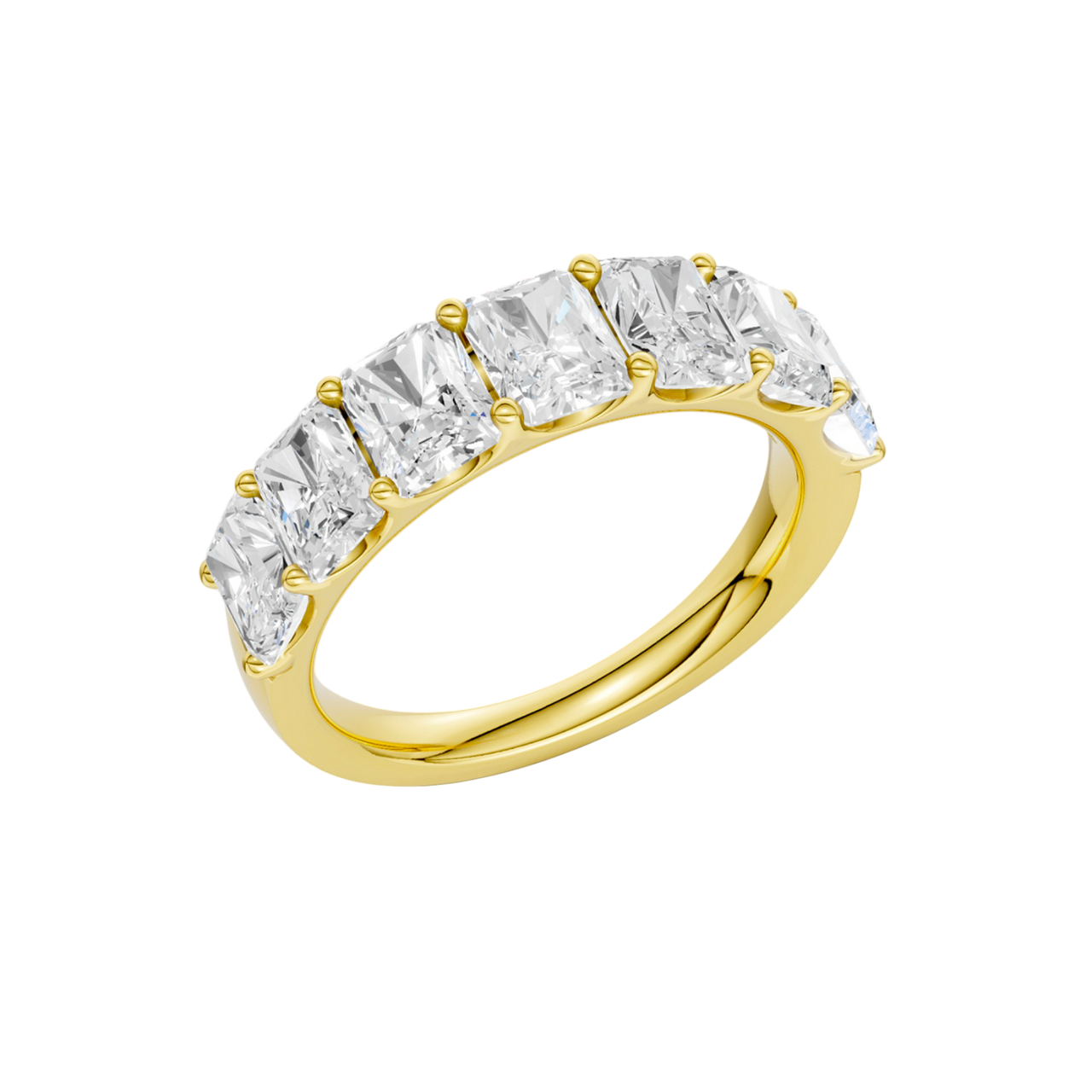 An angled view of a 14K yellow gold wide band ring, showcasing the clean, bold lines of the emerald-cut diamonds.