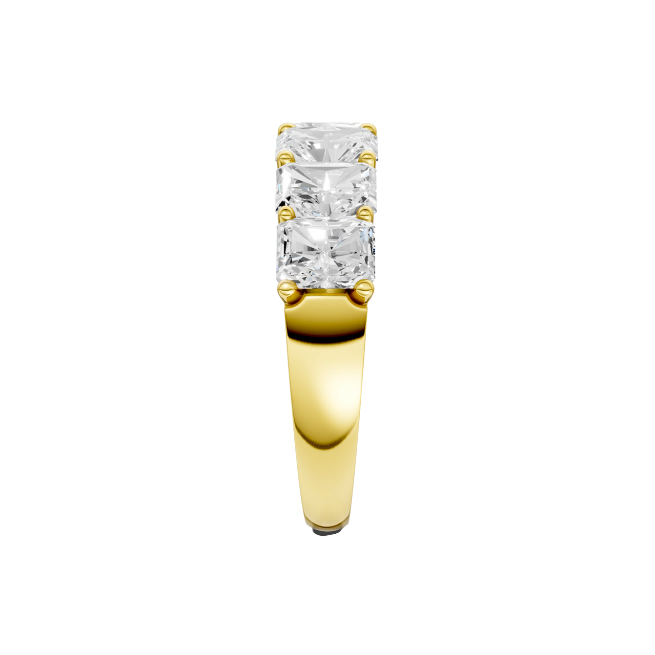 A side-profile view of a 14K yellow gold wide band ring, showing the secure setting and the five diamonds.