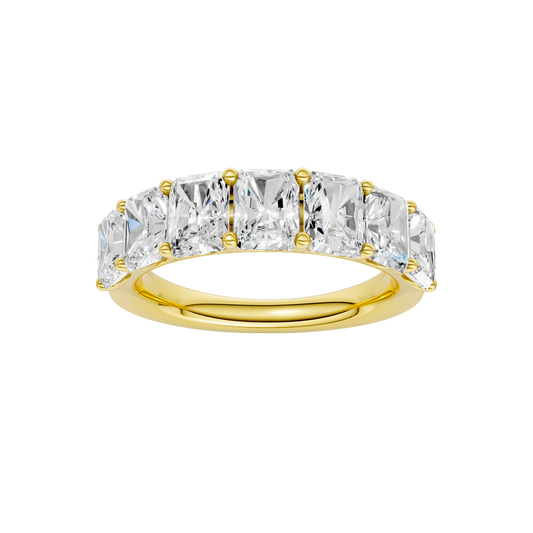 A top-down view of a 14K yellow gold wide band ring with five horizontally-set emerald-cut diamonds.