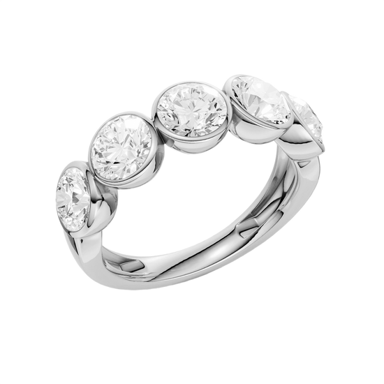 A sleek 14k white gold anniversary band showcasing a continuous row of premium 1.5cttw round-cut diamonds protected by a high-polish bezel frame.