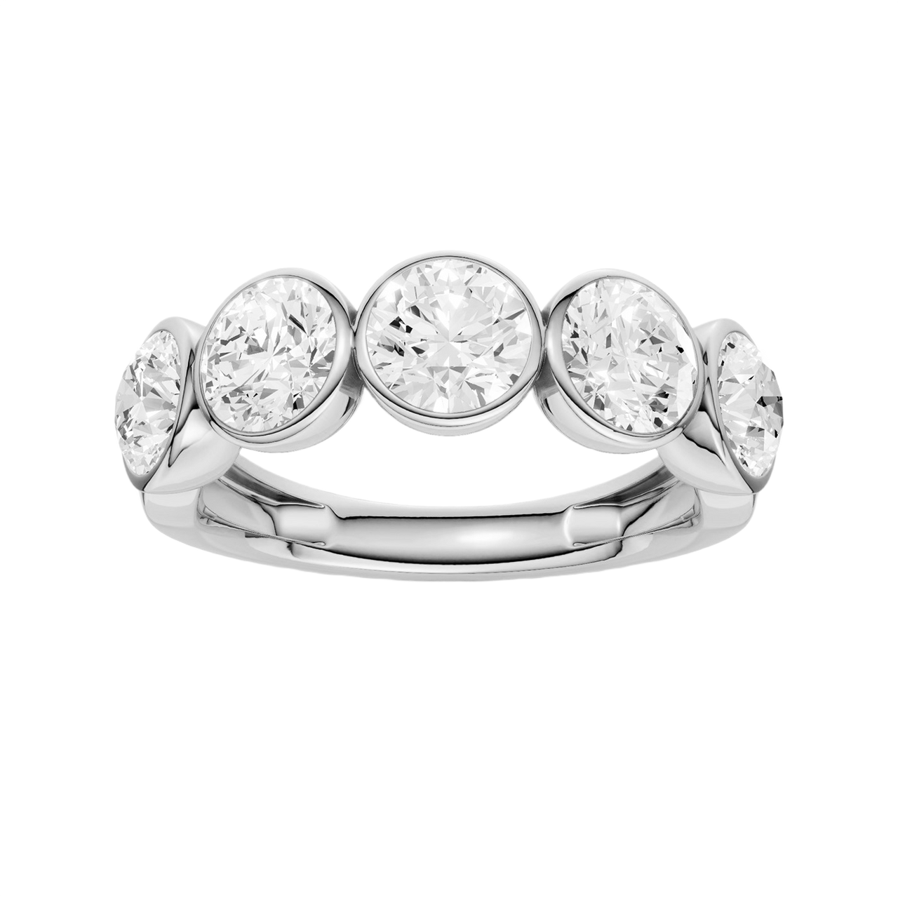 A sleek 14k white gold anniversary band showcasing a continuous row of premium 1.5cttw round-cut diamonds protected by a high-polish bezel frame.