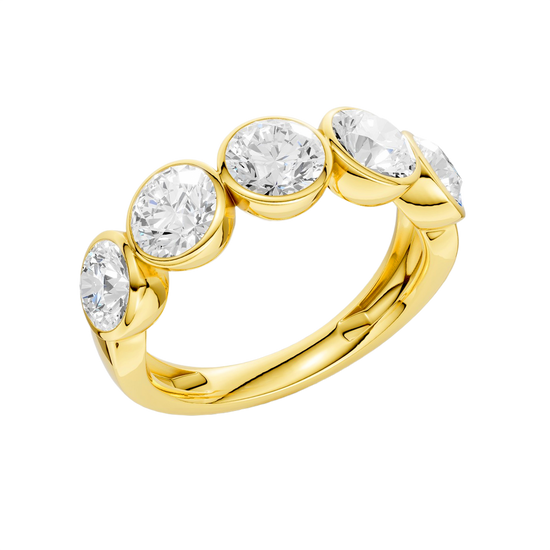 A sophisticated 14k yellow gold 2/3 eternity wedding band featuring 1.5 total carats of shimmering round-cut lab-grown diamonds in a modern bezel setting.