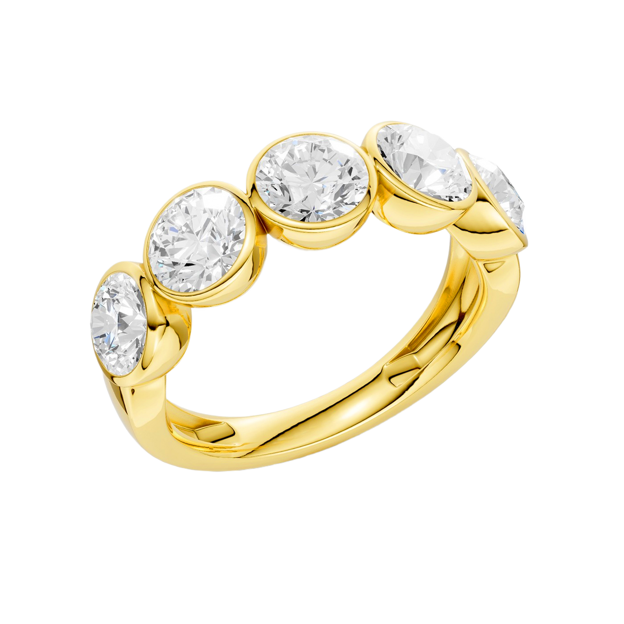 A sophisticated 14k yellow gold 2/3 eternity wedding band featuring 1.5 total carats of shimmering round-cut lab-grown diamonds in a modern bezel setting.