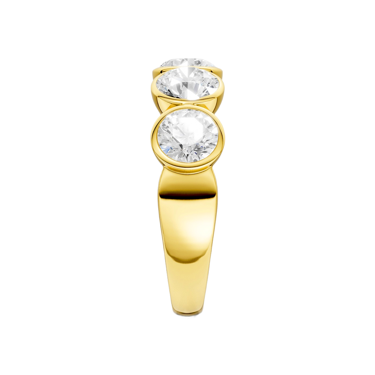 A sophisticated 14k yellow gold 2/3 eternity wedding band featuring 1.5 total carats of shimmering round-cut lab-grown diamonds in a modern bezel setting.