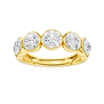 A sophisticated 14k yellow gold 2/3 eternity wedding band featuring 1.5 total carats of shimmering round-cut lab-grown diamonds in a modern bezel setting.