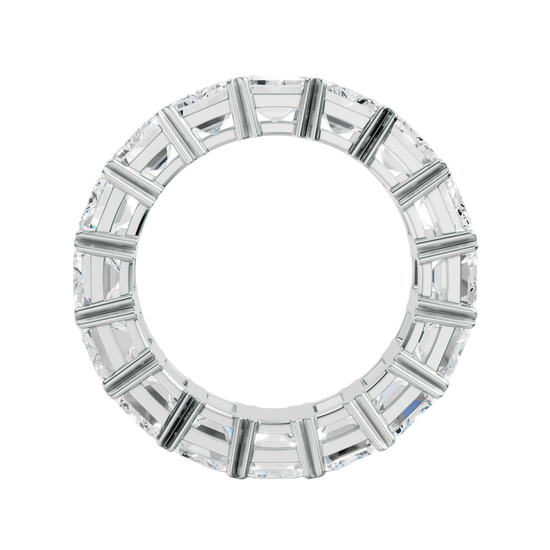 A front view of a 14K white gold eternity band, showcasing the brilliant sparkle of its rectangular jewels.