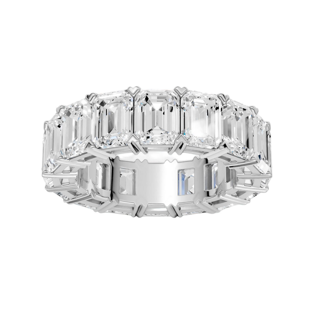 A top-down view of a 14K white gold eternity band with a continuous line of exceptionally bold, horizontally-set rectangular jewels.
