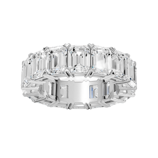 A top-down view of a 14K white gold eternity band with a continuous line of exceptionally bold, horizontally-set rectangular jewels.