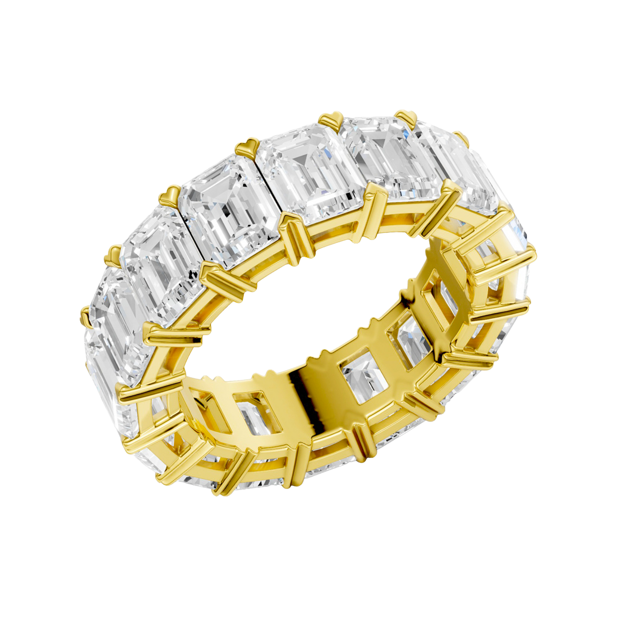 An angled view of a 14K yellow gold eternity band, highlighting the magnificent sparkle of the rectangular jewels.