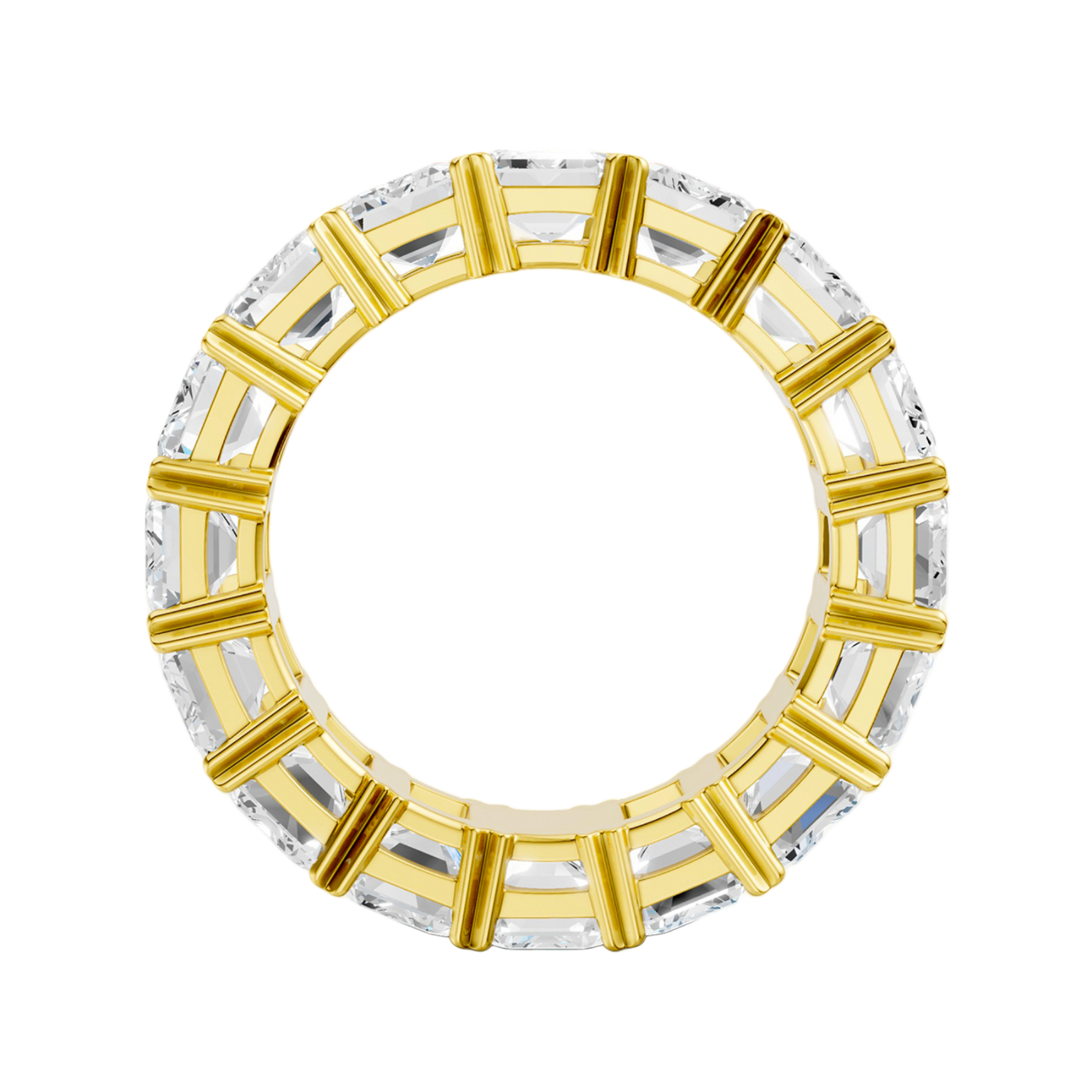 A front view of a 14K yellow gold eternity band, showcasing the brilliant sparkle of its rectangular jewels.