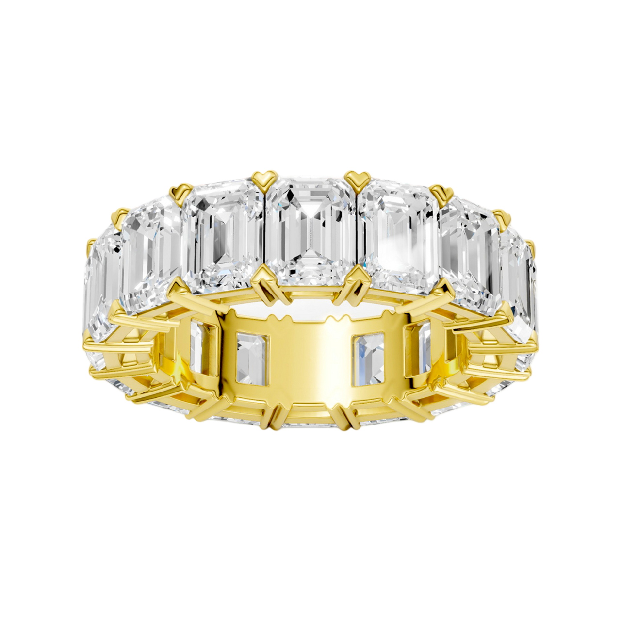 A top-down view of a 14K yellow gold eternity band with a continuous line of exceptionally bold, horizontally-set rectangular jewels.