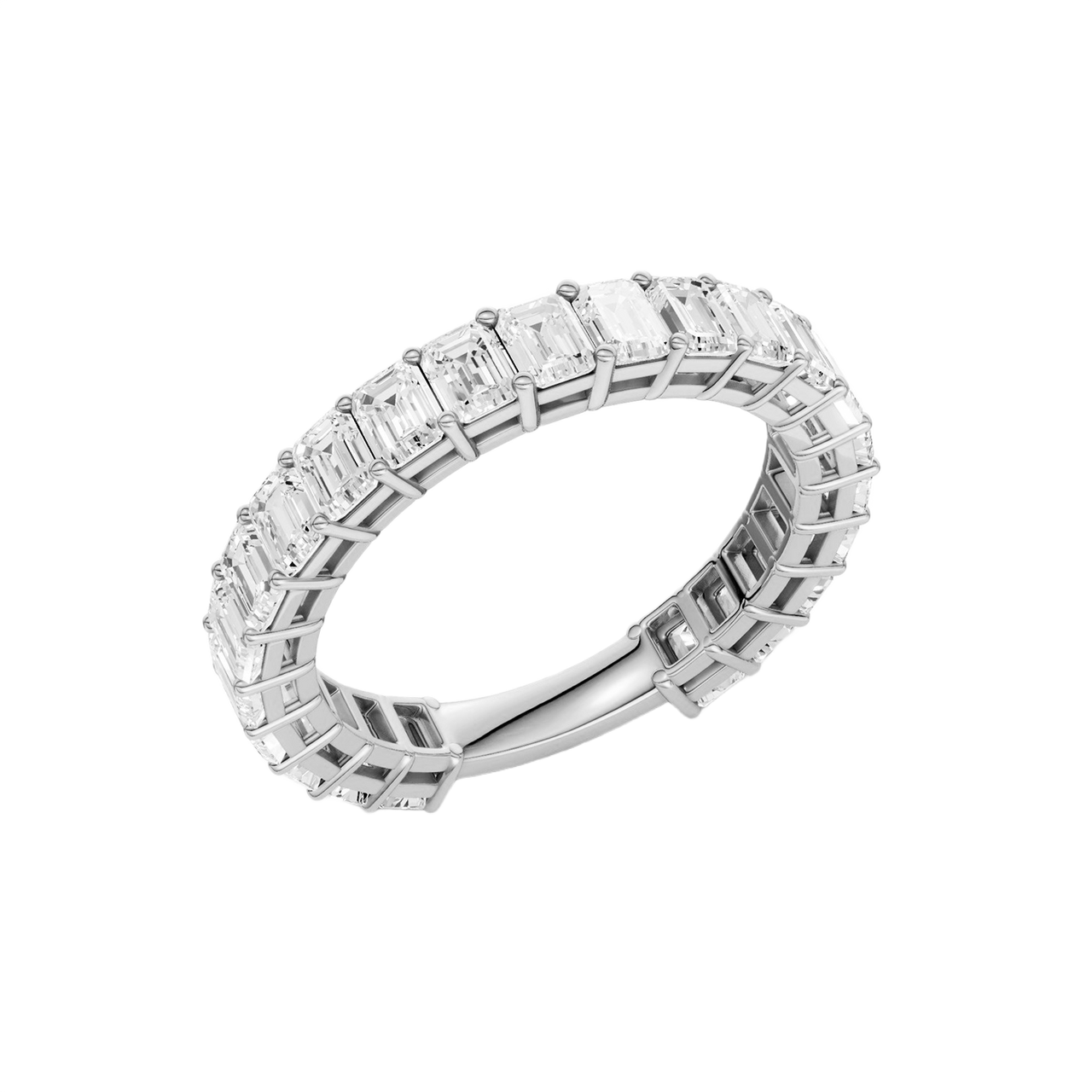 A sophisticated 14k white gold full eternity ring showcasing a seamless row of premium 2.3cttw emerald-cut diamonds for an icy, modern glow.