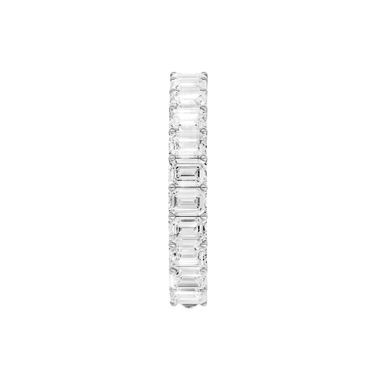 A sophisticated 14k white gold full eternity ring showcasing a seamless row of premium 2.3cttw emerald-cut diamonds for an icy, modern glow.