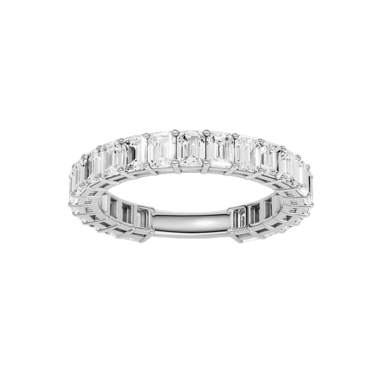 A sophisticated 14k white gold full eternity ring showcasing a seamless row of premium 2.3cttw emerald-cut diamonds for an icy, modern glow.