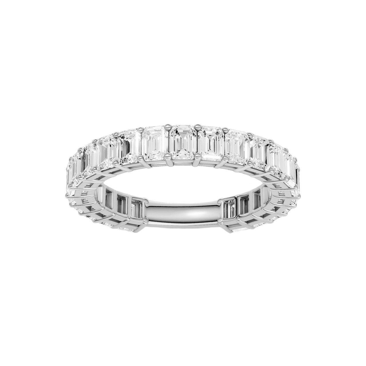 A sophisticated 14k white gold full eternity ring showcasing a seamless row of premium 2.3cttw emerald-cut diamonds for an icy, modern glow.