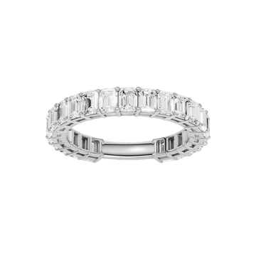 A sophisticated 14k white gold full eternity ring showcasing a seamless row of premium 2.3cttw emerald-cut diamonds for an icy, modern glow.
