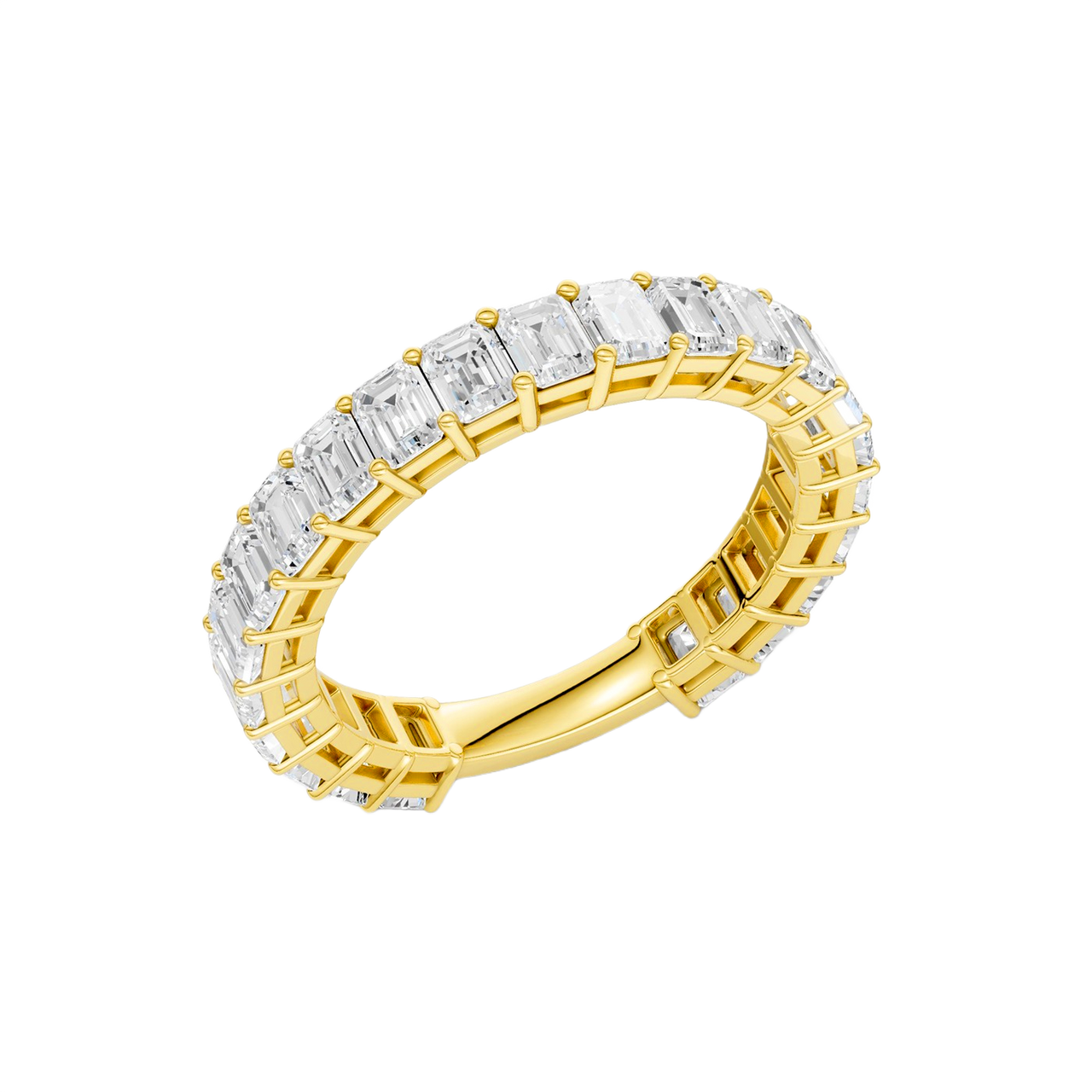 A breathtaking 14k yellow gold full eternity band featuring a continuous circle of 2.3 total carats of shimmering emerald-cut lab-grown diamonds